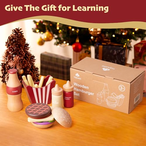 Toywoo Wooden Play Food for Kids Pretend Hamburger Set Fast Food ToyPlay Kitchen Accessories for Toddlers Toy Food Gift for Boys Girls Educational Toys