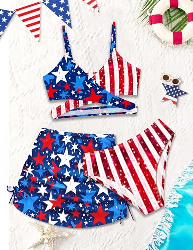 Image of Girls Swimsuits 3 Piece Bathing Suit Allover Printed Criss Cross Bikini Set with Cover Up Skirt Beach Swimwear 7-16 Years