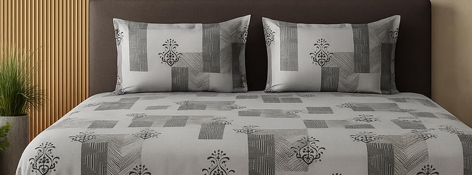 Image of 300 TC Cotton Feel Glace Cotton Fully Elastic Fitted Bedsheet Queen Size Double Bed with 2 Pillow Covers (60 inch x 78 inch inches, Silver Lattice)