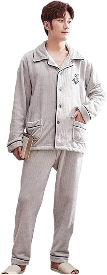 Amazon Co Jp メンズ パジャマ ルームウェア フランネル もこもこ 前開き 襟付き 長袖 ロングパンツ 上下セット シンプル 無地 男性用 紳士 寝間着 部屋着 男性 大きいサイズ 冬 厚手 柔らか オシャレ 暖かい 服 ファッション小物