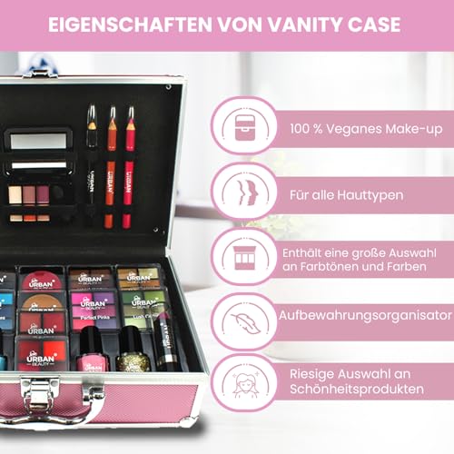 LOVE URBAN BEAUTY Veganes Hot Pink Schminkkoffer - 82-teiliges Schminkset für Teenager und Frauen mit Lidschatten, Rouge, Lippenstiften und Nagelprodukten - lustiger Reise-Schminkkoffer für Mädchen