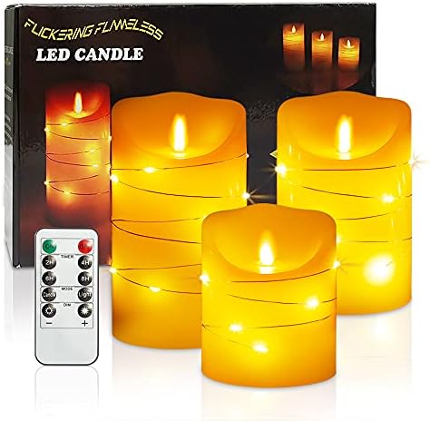 Flameless Candles, 3 LED Candles with Embedded Starlight String, Battery Operated Flickering Candles with 10-Key Remote Control and 24-Hour Timer Function, Dancing Flame Candles
