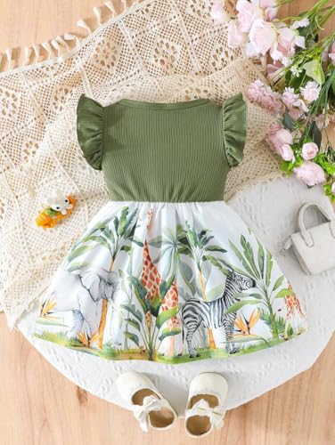Image of Girls Fit & Flare Dress with Bow | Ribbed Short Sleeve Top & Printed Flared Skirt | Butterfly Floral /Jungle Safari Print | Casual Frock for Kids (9M-4Y)(DW-235)