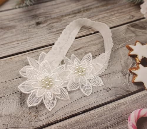 Baby Girls Lace Headband Handmade Flower Hair Band Infants Head Wrap Soft Elastic Pearl Floral Hairband for Newborn Toddler Kids Hair Accessories (White E, Adjustable)3