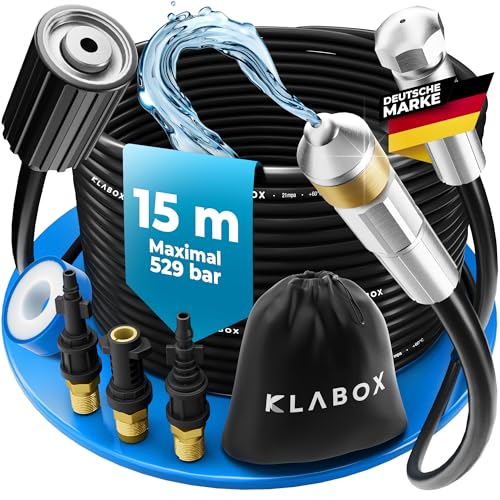 KLABOX Rohrreinigungsschlauch 15m | Kärcher Rohrreinigungsschlauch für Karcher K2-K7, Lavor, Bosch, Parkside und weitere Marken | Inklusive 3 Adapter, 2 Düsen, 1 Tasche und 1 Teflonband