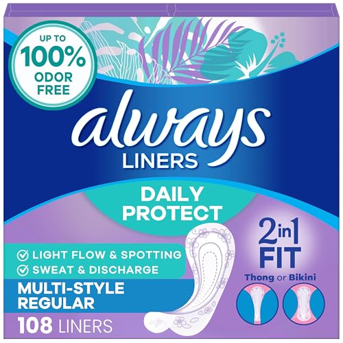 Always Daily Protect Multi-Style Liners, Regular Length, Unscented Panty Liners, Up to 100% Odor Free and Fragrance Free, Cleanguard Quilted Core Absorbs Wetness and Odors, 108 Count