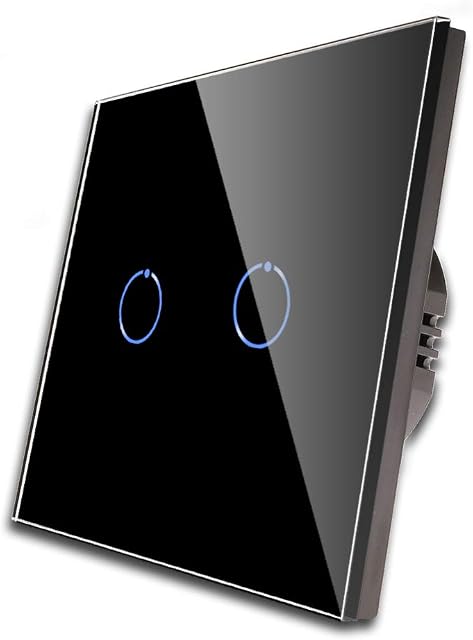 CNBINGO Touch Light Switch, Black Double Light Switch, Tempered Glass Panel with LED Backlight, No Neutral Wire, 2-Gang 1-Way, AC 240V 500W/Gang