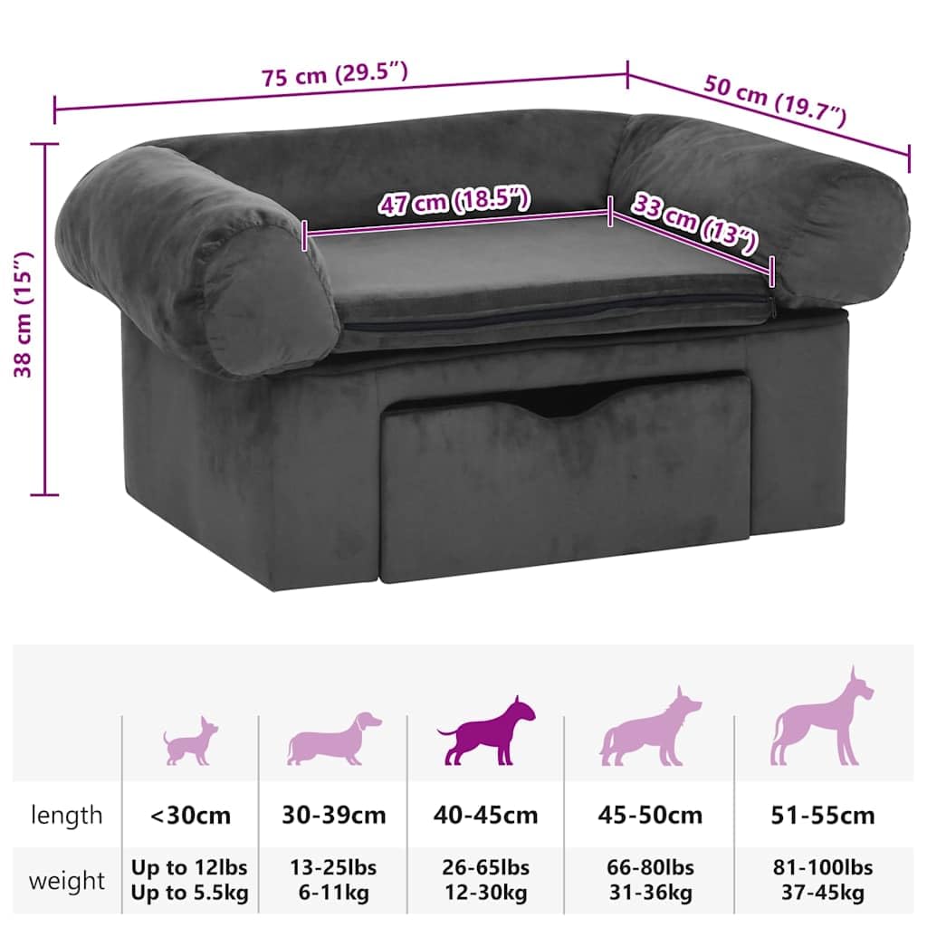Hundesofa mit Schublade Dunkelgrau 75x50x38 cm - Haustiersofa aus Kiefernholz und Plüsch, Bequemes Katzensofa mit Stauraum für Hundezubehör, Stabiles Tierbett für Wohnzimmer und Schlafzimmer