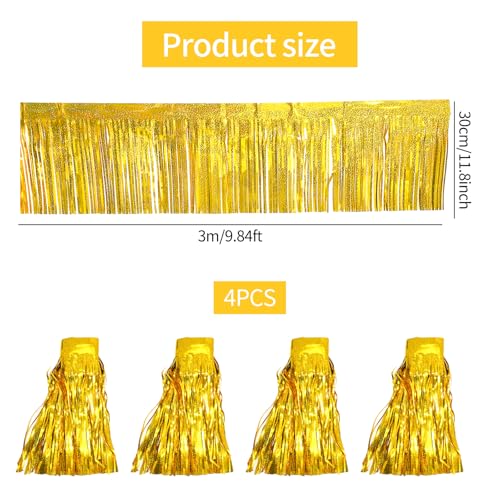 Image of 4 Packs 10 Feet Long Laser Gold Foil Fringe Garland Shiny Metallic Tinsel Table Skirts Wall Hanging Banner for Car Parade Birthday Parties Floats Wedding Baby Shower Bachelorette Garden Decorations