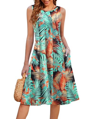 Hotouch Damen Boho Jerseykleid Elegant Sommerkleider Falten Leicht Sommer Strandkleider Rundhals Midikleid Mit Taschen Muster 116 XL