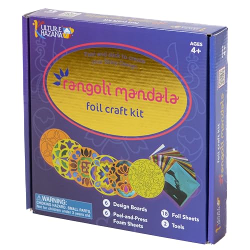 Kulture Khazana: Foil Craft Kit: Rangoli Mandala – DIY Shiny Designs, Peel-Stick, Mess-Free, Cardboard Rangoli Boards, Foam Pcs & Foil Sheets, Ages 4+