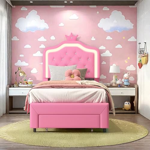 YGHQAP Cama infantil de 90 x 200 cm, cama tapizada para niñas con iluminación LED, cama de princesa con forma de corona, cabecero de piel sintética con somier de listones y 1 cajón, rosa, sin colchón