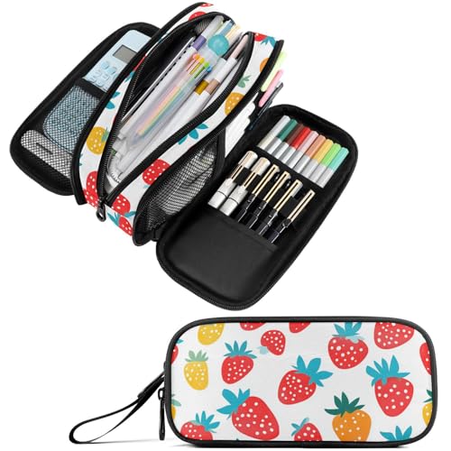Image of Fustylead Bright Colors Hand Draw Cute Strawberry Large Pencil Bag Storage Pen Case Makeup Pouch Stationery Bag for School College Office Organizer