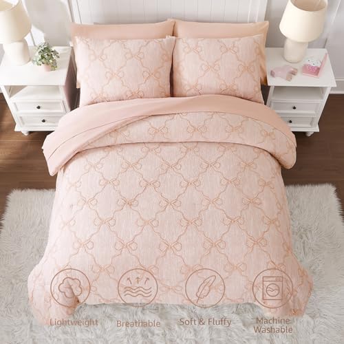Image of Queen Comforter Set with Sheets for Girls-7 Pieces Bow Bed in A Bag | Soft Jacquard Queen Size Bedding Sets with Blush Comforter, Pillowcases & Shams, 90 inch X 90 inch