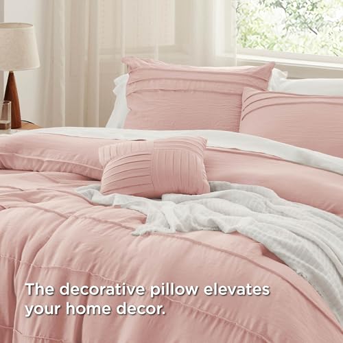 Image of Bedsure Full Comforter Set - 4 Pieces Pinch Pleat Bed Set, Light Pink Boho Bedding for All Season, 1 Soft Comforter, 2 Pillowcases, 1 Decorative Pillow