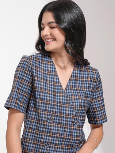 Image of Tokyo Talkies Womens Blue /Mustard Crop Double Breasted Blazer