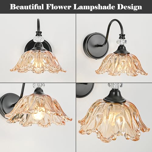 Image of Black Wall Sconces with Floral Amber Glass Shades, Black Farmhouse Wall Mount Lighting for Bathroom,Vintage Bathroom Vanity Light Fixtures