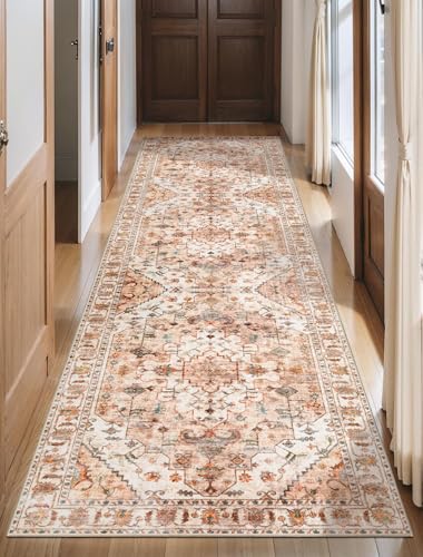 SERISSA Boho Washable Runner Rug, 2'6"x8' Non-Slip Vintage Peach Cream Hallway Kitchen Runner Rug Ultra Soft Print Distressed Floor Carpet for Bedroom Bathroom Laundry Room
