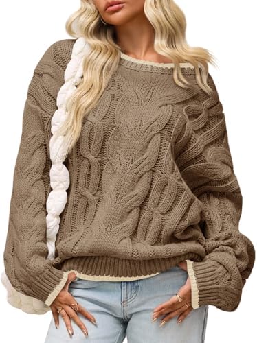 Saodimallsu Womens Oversized Sweater Casual Cable Knit Color Bloc...