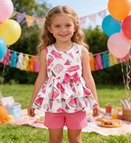 Image of Girls 2 Piece Outfit Summer Short Set Sleeveless Bow Knot Tank Top and Shorts Cute Clothes for Toddler Girls