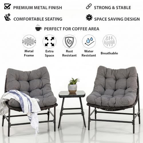 Image of OUTLIVING Fluffo Outdoor Two Seater Braid & Rope Conversation Set | UV & Water Resistant Patio & Garden Furniture Set with 2 Cushioned Chairs & Center Table with Glass Top | Charcoal Grey