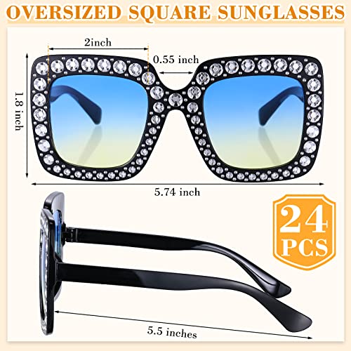 Chuangdi 24 Pcs Women Disco Sunglasses 70s Rhinestone Crystal Sunglasses Bulk Large Square Sparkling Glasses Thick Frame2