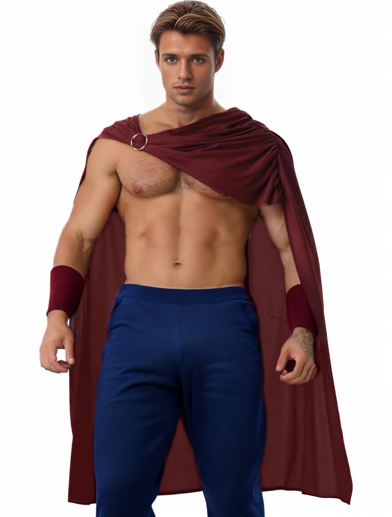 ANDHOM Medieval Men's Cloak Renaissance Cloak Gladiator Shawl,Halloween Cape Costume, Dark Red, 31.5in/80cm