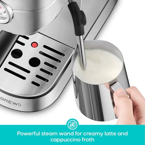 Image of CASABREWS PFAS-Free Espresso Machine with Milk Frother Steam Wand | Non-Toxic, Stainless Steel, 20-Bar, Built-in Pressure Gauge, Powerful Steam Wand for Cappuccino, Small, 34oz Water Tank