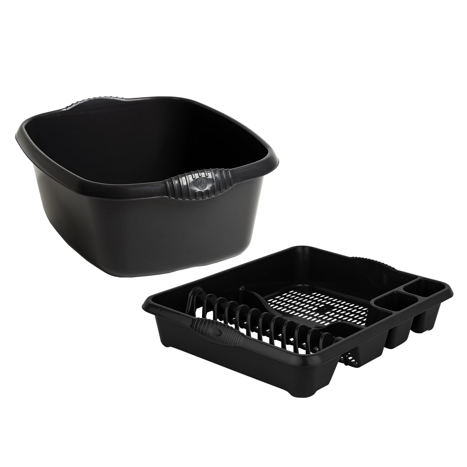 TENLITE SET OF 2 Large Rectangular Washing Up Bowl with large Dish Drainer For Kitchen Utensils - (Midnight Greyish, Rectangular Bowl, Large Dish Drainer)
