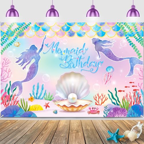 Mermaid Backdrop for Girls Birthday, Mermaid Birthday Decorations, Little Mermaid Party Decorations Under the Sea Backdrop, Mermaid Birthday Banner Backdrop for Photography Background, 72x44Inches