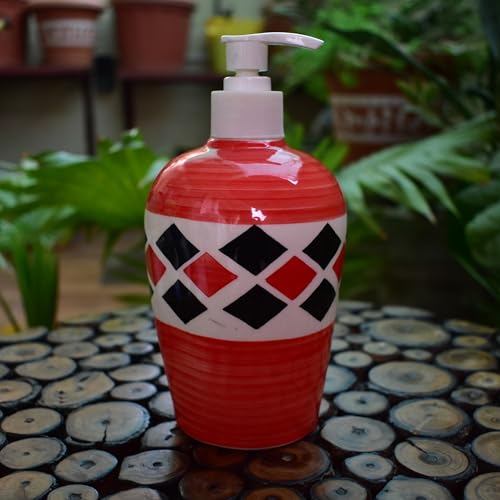 Image of Ceramic Liquid Soap Dispenser, 450 ml, Coral Red | Refillable Pump Bottle for Hand Wash, Lotion, Shampoo & Kitchen Use, 1 Piece
