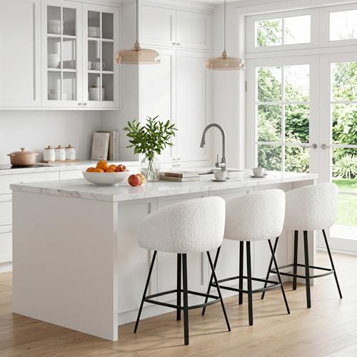 Image of Zesthouse White Swivel Counter Stool, Barrel Counter Height Barstool for Kitchen Island, 26'' Modern Kitchen Counter Stool with Arms & Back, Upholstered Sherpa Fabirc Bar Chair with Legs
