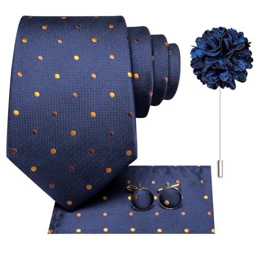 Image of Dubulle Mens Blue Orange Dots Tie and Lapel Pin Striped Floral Necktie for Men Pocket Square Cufflinks Wedding Party