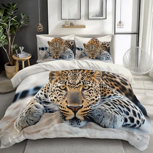 White Duvet Cover Twin Size 2 Pieces Animal Leopard Golden, Bedding Room Decor Bedspread for Kids Teens, Comforter Quilt Cover Bedding Set with Pillow Sham