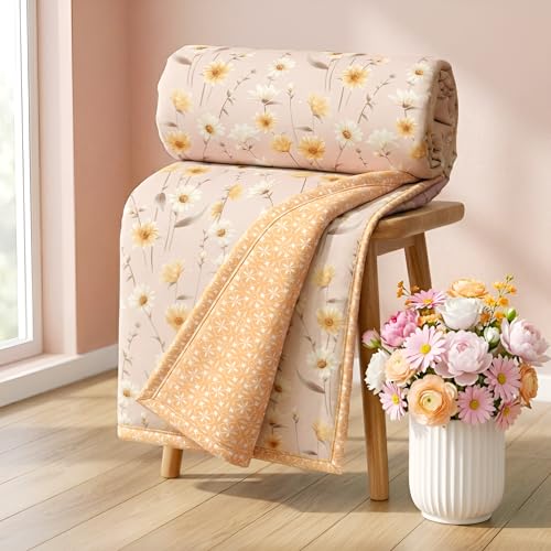 Image of HOMEKART Luxury Cotton Dohar Blanket for Double Bed | Ultra Soft Reversible AC Quilt | Floral Printed Lightweight Summer Blanket | 88x85 Inches (Peach Blossom Harmony)