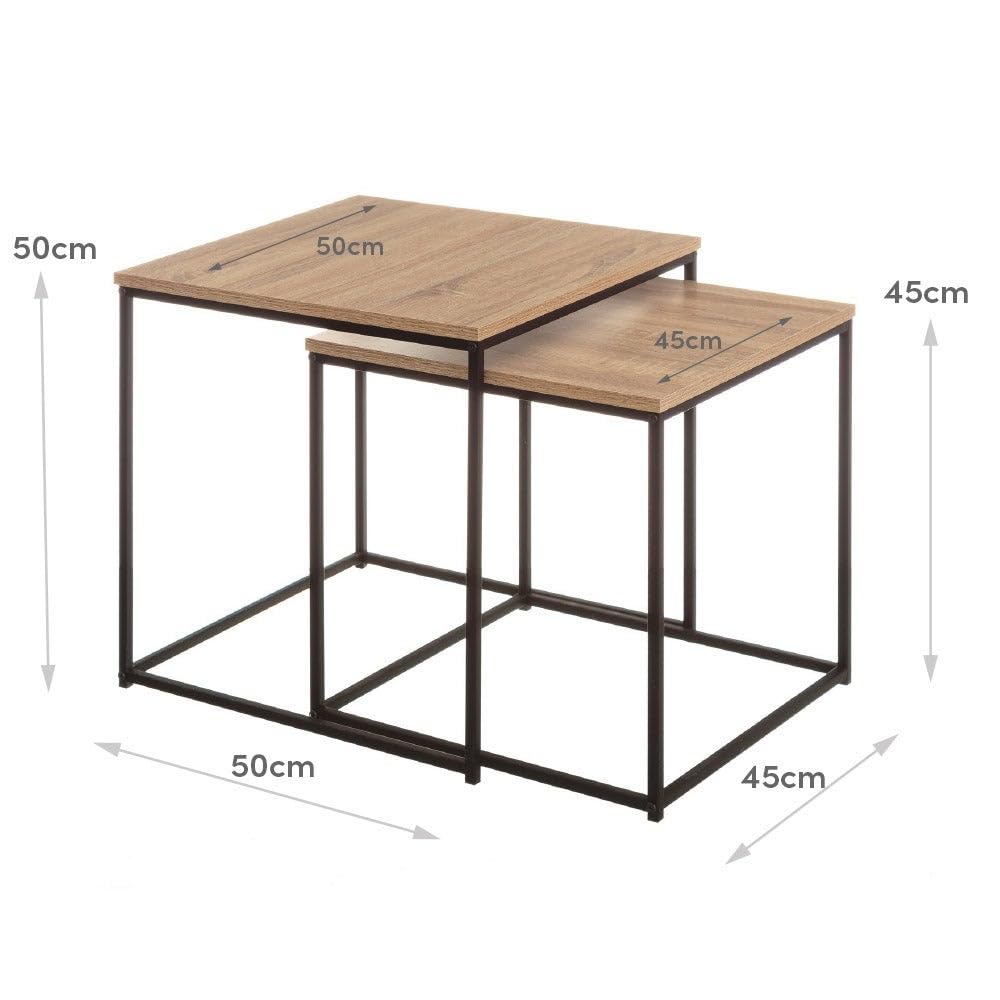 LOLAhome - Set 2 mesas de Centro Nido de 50x50 cm y 45x45 cm con diseño Moderno en Madera Natural y Estructura metálica Negra, Ideal como Auxiliar versátil para salón, Comedor u Oficina