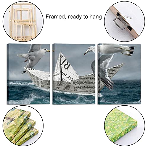 Tableau mer vague et mouettes en 3 pièces pour salon - 2