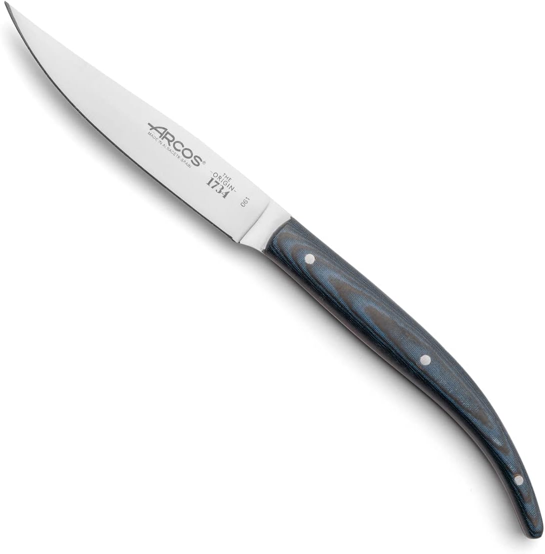 Arcos Steak Knife in Nitrum Stainless Steel. 4 Inch Non Serrated Steak and Meat Knife. Phelonic Blue Handle. The Origin Series