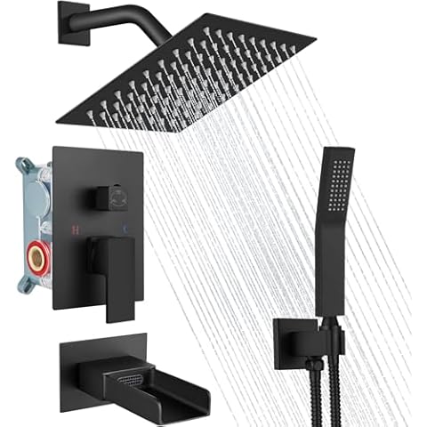Midanya 8 Inch Rain Shower System Tub Shower Faucet Set Square Rainfall Waterfall Shower Head with Handheld Sprayer Tub Spout Combo Wall Mounted bathtub faucet set Rough-in Valve, Matte Black Cover