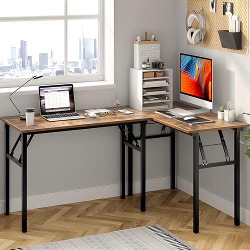 Image of Need Office Computer Desk 47.2x23.6 in Sturdy Folding Laptop Table Retro | Black Frame Writing Gaming Work Table /Foldable Home Office Desk /Sewing Table, No Assembly Required