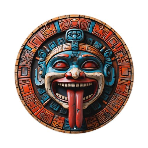 Plaque ronde en métal motif masque tribal aztèque, décoration murale vintage pour maison, bar,...