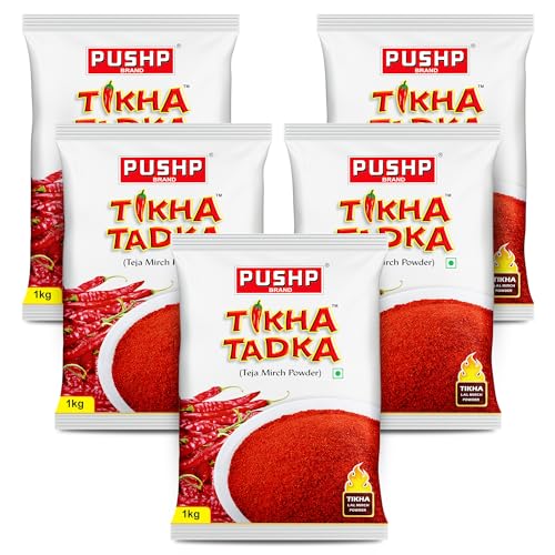 Image of Pushp Brand Tikha Tadka Mirch Powder | Red Chilli Powder 1kg (Pack of 5) | Extra Hot Lal Mirchi Powder with Natural Oils, Fine Teja Mirch Powder for Everyday Indian Cooking