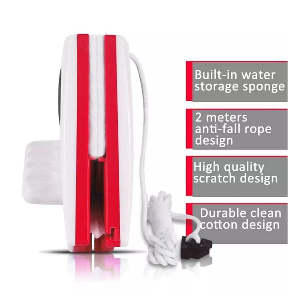 Image of Magnetic Window Glass Cleaner | Doublefaced Glass Cleaner | Double-Side Glazed Two Sided Wiper with 2 Extra Cleaning Cotton Squeegee Washing Equipment Household Magnet (Multicolour) D2 (red)