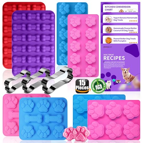 RUGVOMWM Homemade Silicone Dog Treat Molds - Dog Treat Cookie Cutters - Dog Treat CRecipes Food Grade Silicone Molds for Candy and Dog Ice Cubs - Set of 15 Purple