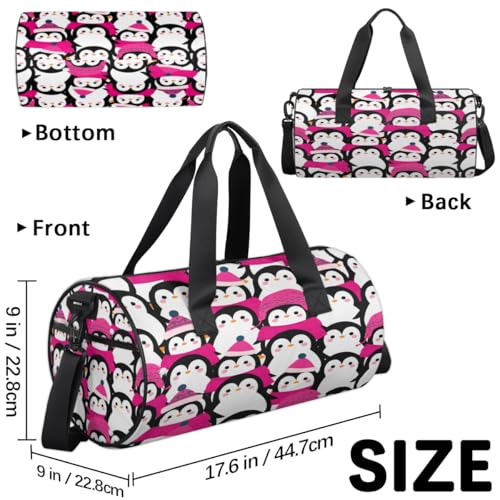 Penguin In Pink Sports Duffel Bag with Shoulder Strap, Large Capacity Gym Bag with Shoe Compartment, Water Resistant Travel Duffle Bag for Men Women Travel, Sports (17.6x9x9 Inch)3