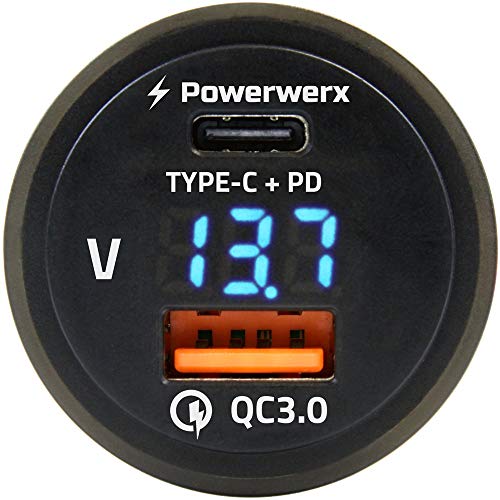 Powerwerx PanelQCUSBC Panel Mount Combo USB Type-C Power Delivery (PD) and USB QC 3.0 with Blue LED Voltage Display for 12/24V Vehicles Powerwerx PanelQCUSBC Panel Mount Combo USB Type-C Power Delivery (PD) and USB QC 3.0 with Blue LED Voltage Display for 12/24V Vehicles