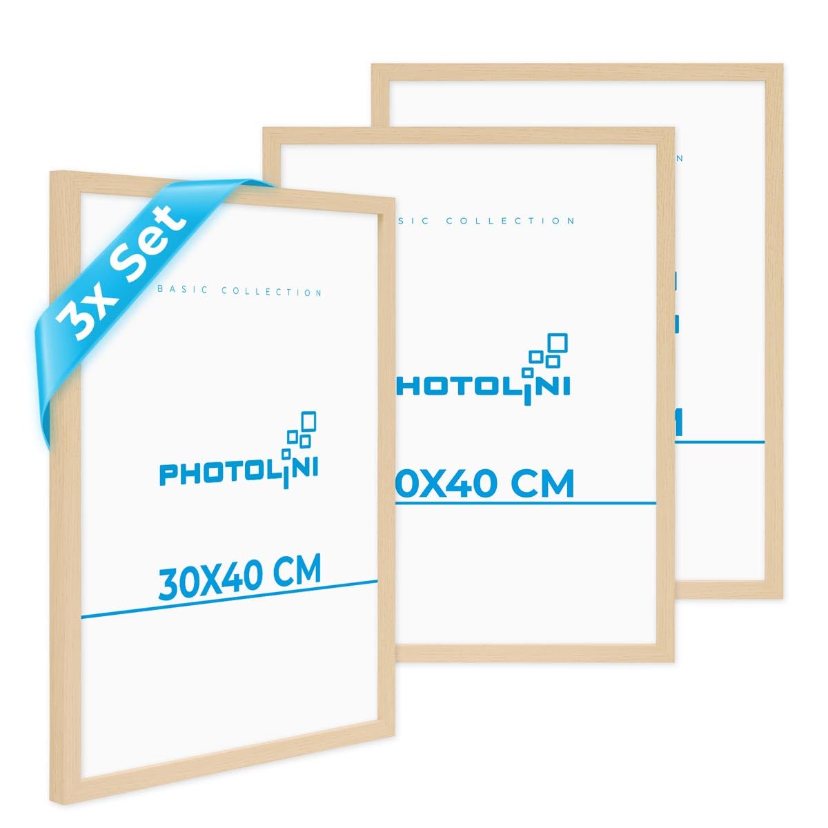 PHOTOLINI Marcos 30x40 cm Madera MDF Natural, Set de 3 Marcos para pósteres, Cristal acrílico, para Colgar, Incluye Accesorios - para Fotos, láminas y pósteres