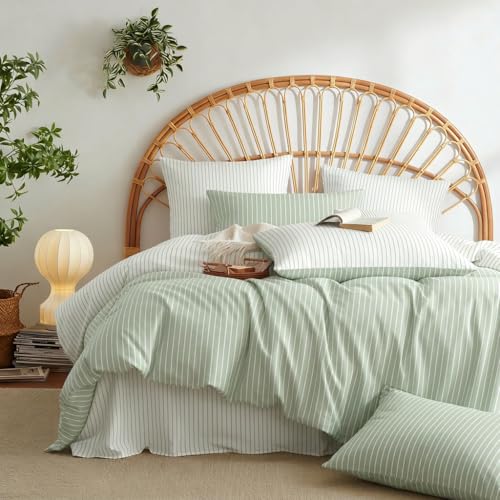 Image of Nayoroom Striped Duvet Cover Queen Reversible Green White Stripe Bedding