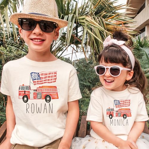 Personalized Fire Truck Firefighter Kids Shirt - Custom Kids Name Fire Engine 4th Of July Outfit - Red White & Blue America USA - Boho Natural Toddler & Youth Shirts2