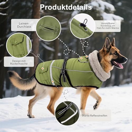 Woiil Hundemantel Wintermantel, Hundejacke Wasserdicht für Grosse Hunde mit Verstellbaren Schultergurten, Warm Hundemantel aus Fleece, Reflektierende Streifen,Geeignet für Labrador Olivgrün, XL